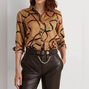 Lauren Ralph Lauren Belt Print Cotton Sateen Long Sleeve Button Down Shirt Large